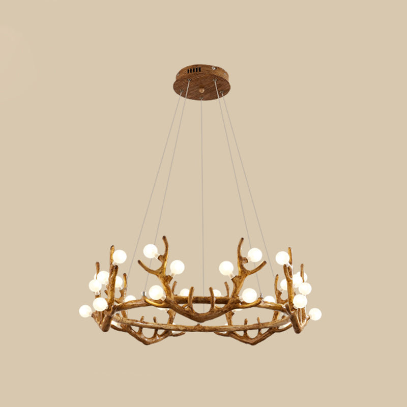 Antler Living Room Ceiling Lighting Vintage Resin Brown LED Chandelier Light with Ball Frost Glass Shade