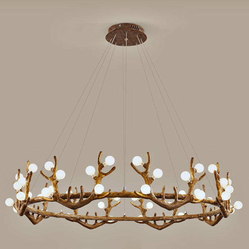 Antler Living Room Ceiling Lighting Vintage Resin Brown LED Chandelier Light with Ball Frost Glass Shade