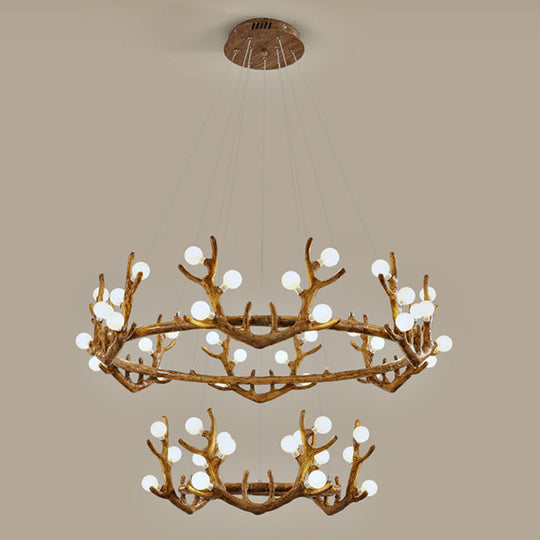 Antler Living Room Ceiling Lighting Vintage Resin Brown LED Chandelier Light with Ball Frost Glass Shade
