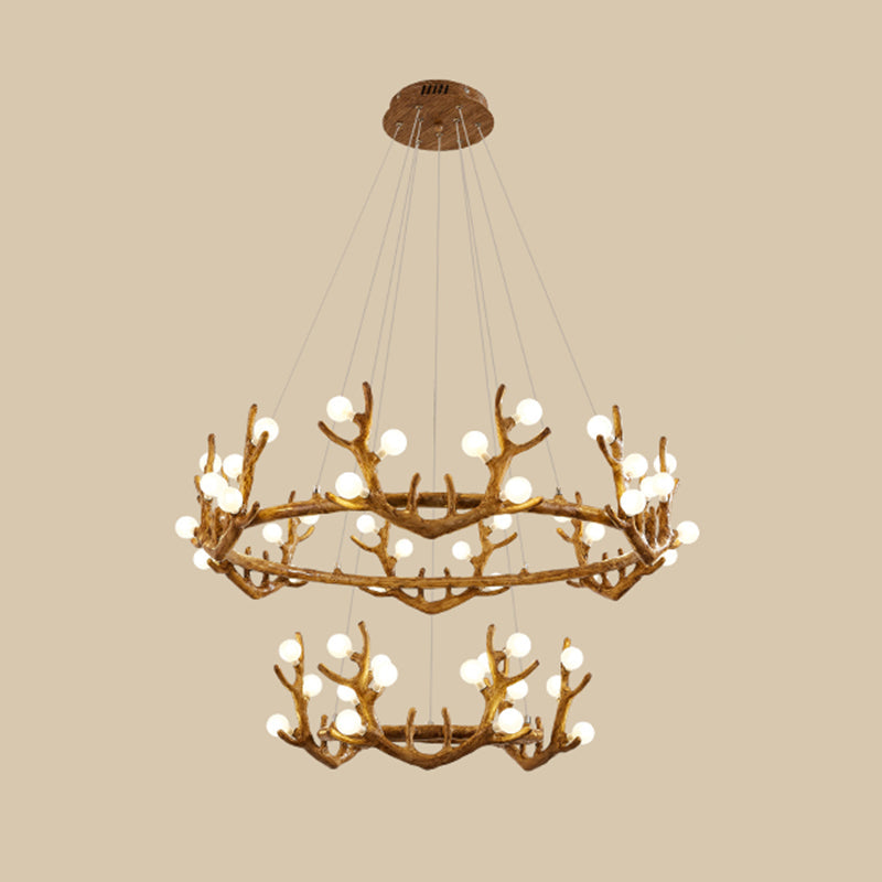 Antler Living Room Ceiling Lighting Vintage Resin Brown LED Chandelier Light with Ball Frost Glass Shade