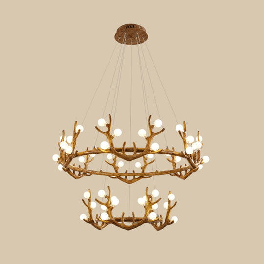 Antler Living Room Ceiling Lighting Vintage Resin Brown LED Chandelier Light with Ball Frost Glass Shade