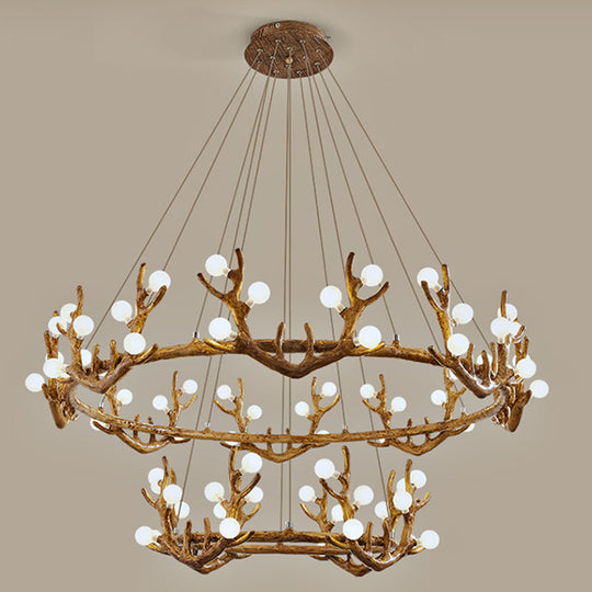 Antler Living Room Ceiling Lighting Vintage Resin Brown LED Chandelier Light with Ball Frost Glass Shade