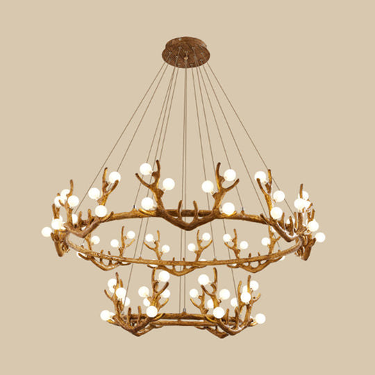 Antler Living Room Ceiling Lighting Vintage Resin Brown LED Chandelier Light with Ball Frost Glass Shade