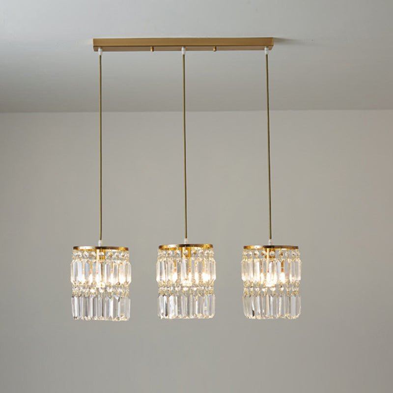 Brass Multi-Light Chandelier with Cylinder Hanging Pendant and Tri-Prism Crystal for Contemporary Dining Room