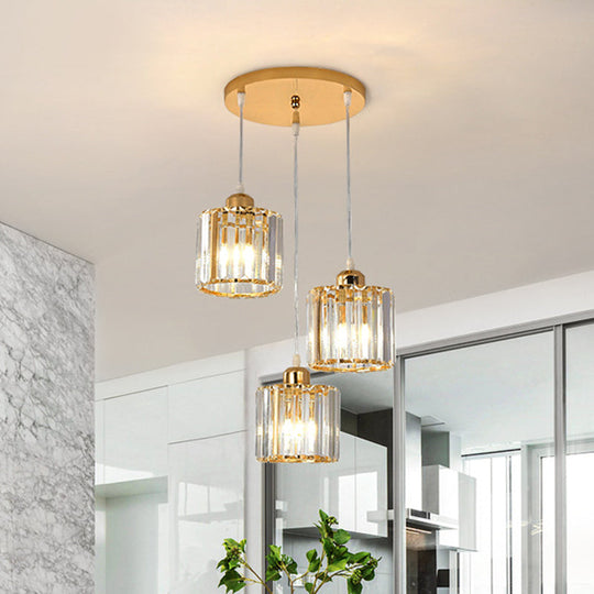 Gold Cube Crystal Multi-Light Ceiling Fixture for Dining Room with 3 Bulbs