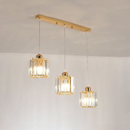 Gold Cube Crystal Multi-Light Ceiling Fixture for Dining Room with 3 Bulbs