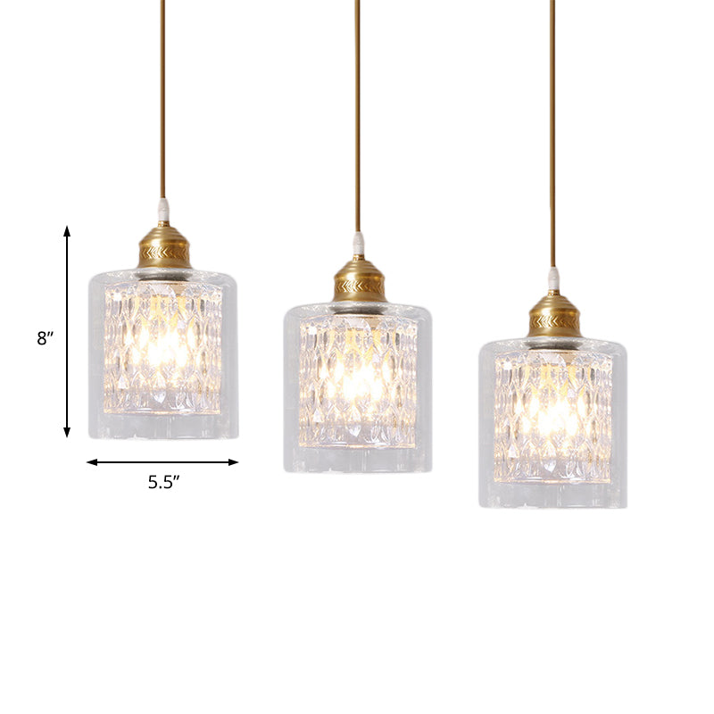 Modern Brass Cylinder Pendant Light with Prismatic Glass Shade - 3 Lights, Linear/Round Canopy