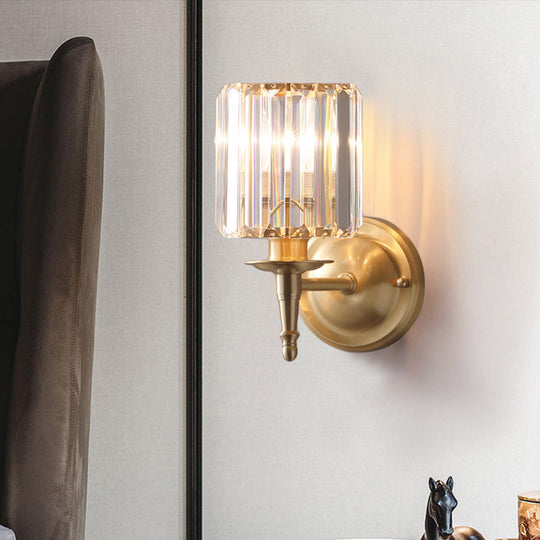 Modern Brass Cylinder Wall Light Sconce with Crystal Shade - 1/2 Lights Metal Wall Mount