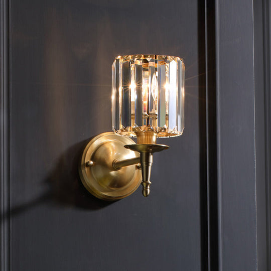Modern Brass Cylinder Wall Light Sconce with Crystal Shade - 1/2 Lights Metal Wall Mount