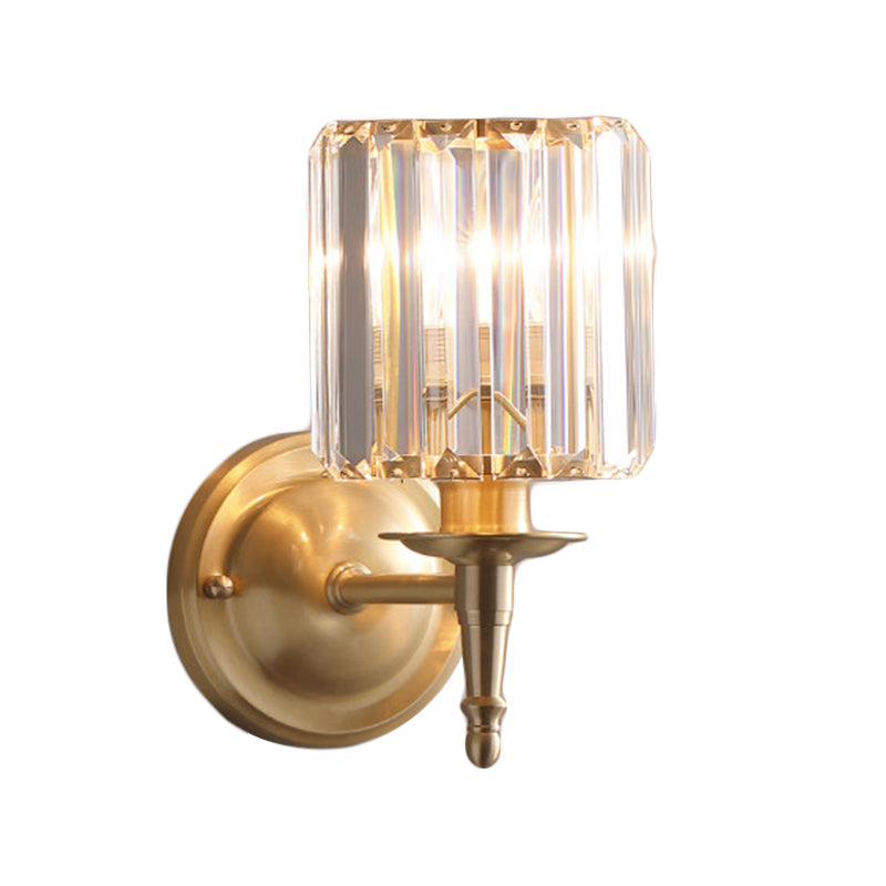 Modern Brass Cylinder Wall Light Sconce with Crystal Shade - 1/2 Lights Metal Wall Mount