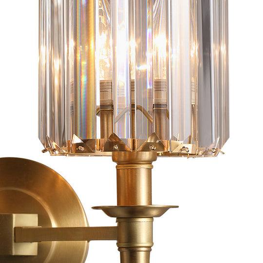 Modern Brass Cylinder Wall Light Sconce with Crystal Shade - 1/2 Lights Metal Wall Mount