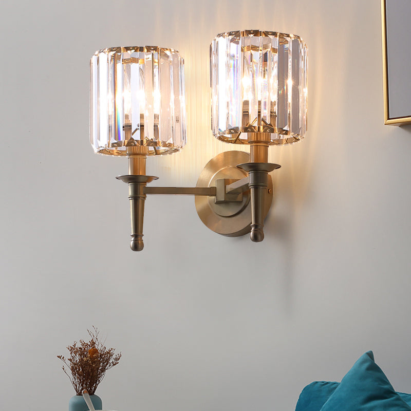 Modern Brass Cylinder Wall Light Sconce with Crystal Shade - 1/2 Lights Metal Wall Mount