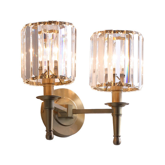 Modern Brass Cylinder Wall Light Sconce with Crystal Shade - 1/2 Lights Metal Wall Mount