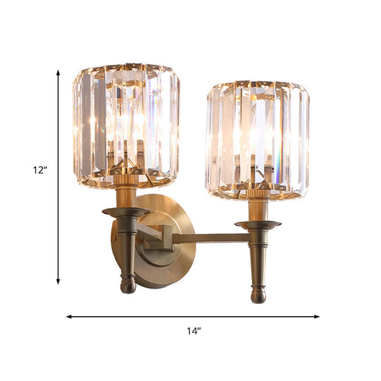 Modern Brass Cylinder Wall Light Sconce with Crystal Shade - 1/2 Lights Metal Wall Mount