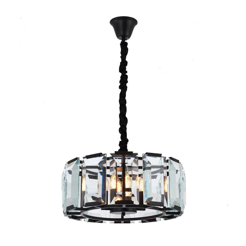 Antique Style Crystal Block Drum Ceiling Light Fixture - 4-Light Black Chandelier for Bedroom