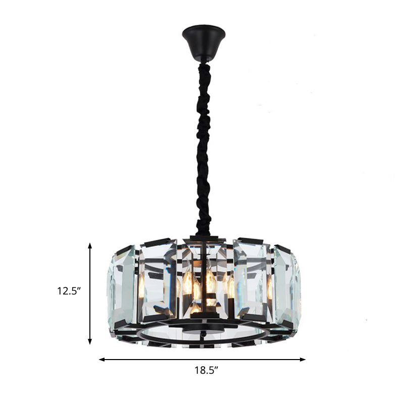 Antique Style Crystal Block Drum Ceiling Light Fixture - 4-Light Black Chandelier for Bedroom