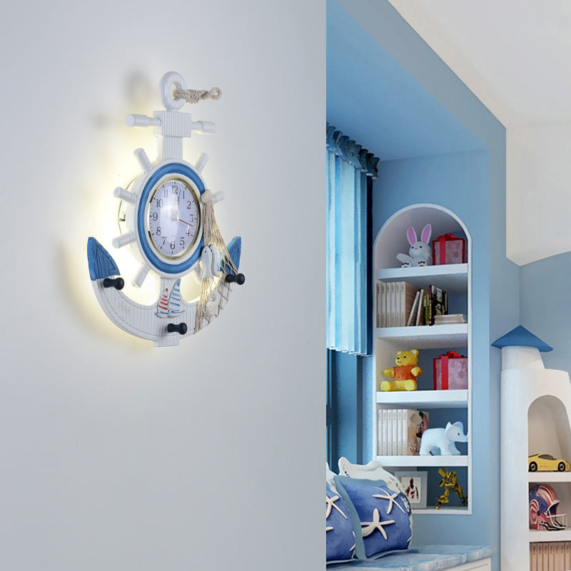 Blue Wooden Anchor LED Wall Lamp - Modern Kids Bedroom Clock Light Fixture, Wall Mounted