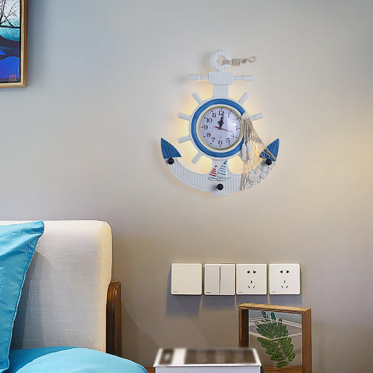 Blue Wooden Anchor LED Wall Lamp - Modern Kids Bedroom Clock Light Fixture, Wall Mounted