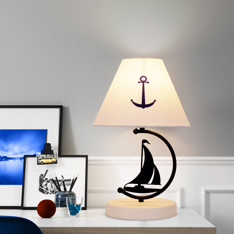 Kid's Single-Bulb White Nightstand Lamp with Empire Shade, Sailing Boat Decor & Fabric Table Lighting