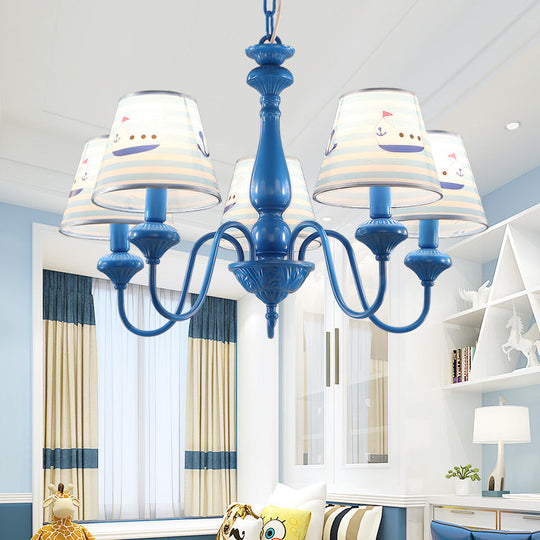 Modern Blue Fabric Chandelier Light Fixture - 5 Heads, Empire Shade, Patterned Design - Ideal for Child's Room