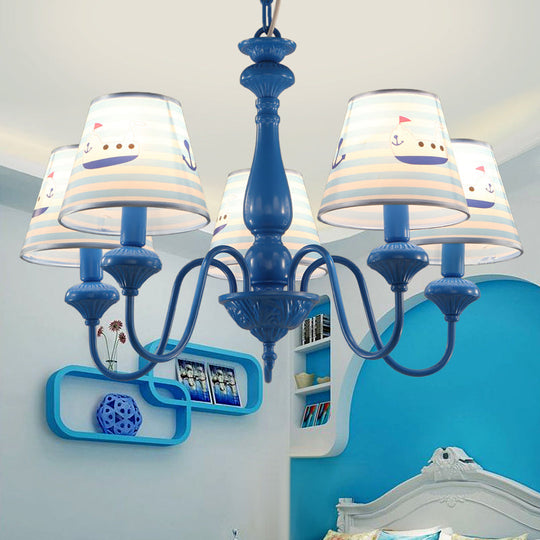 Modern Blue Fabric Chandelier Light Fixture - 5 Heads, Empire Shade, Patterned Design - Ideal for Child's Room