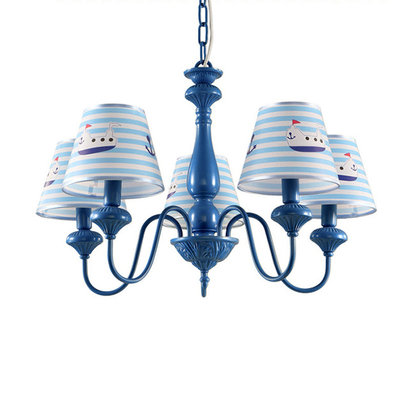 Modern Blue Fabric Chandelier Light Fixture - 5 Heads, Empire Shade, Patterned Design - Ideal for Child's Room