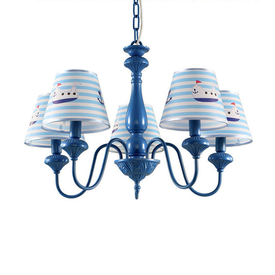 Modern Blue Fabric Chandelier Light Fixture - 5 Heads, Empire Shade, Patterned Design - Ideal for Child's Room