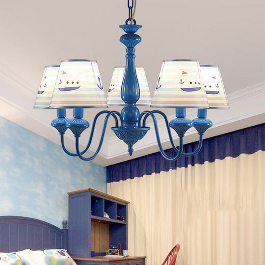 Modern Blue Fabric Chandelier Light Fixture - 5 Heads, Empire Shade, Patterned Design - Ideal for Child's Room