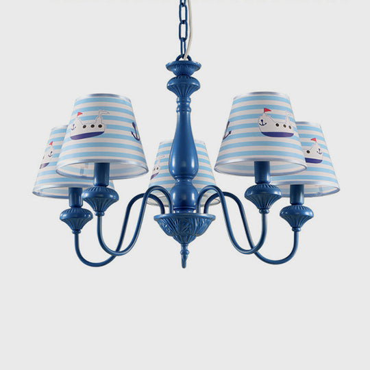 Modern Blue Fabric Chandelier Light Fixture - 5 Heads, Empire Shade, Patterned Design - Ideal for Child's Room