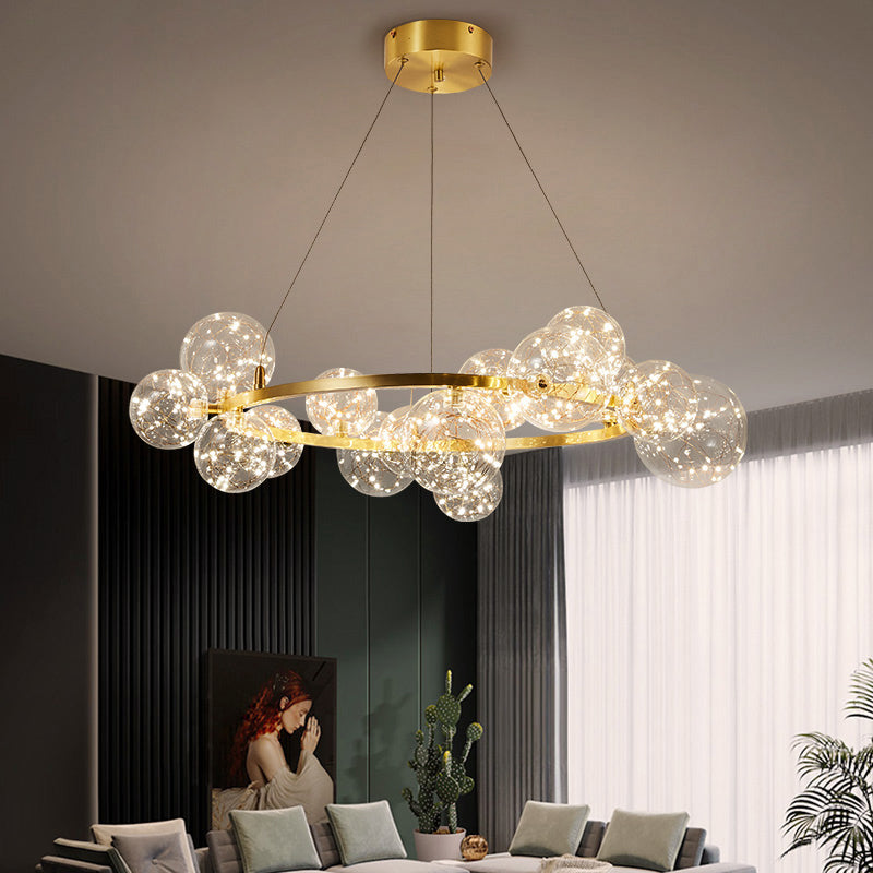 Globe Living Room LED Chandelier Light - Contemporary Clear Glass with Gold Halo Ring
