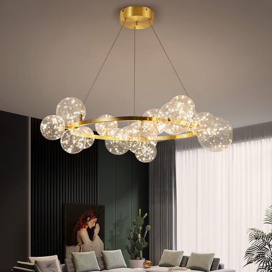 Globe Living Room LED Chandelier Light - Contemporary Clear Glass with Gold Halo Ring