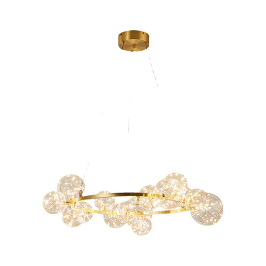 Globe Living Room LED Chandelier Light - Contemporary Clear Glass with Gold Halo Ring