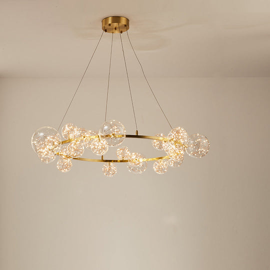 Globe Living Room LED Chandelier Light - Contemporary Clear Glass with Gold Halo Ring