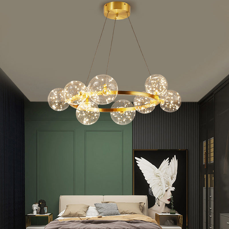 Globe Living Room LED Chandelier Light - Contemporary Clear Glass with Gold Halo Ring