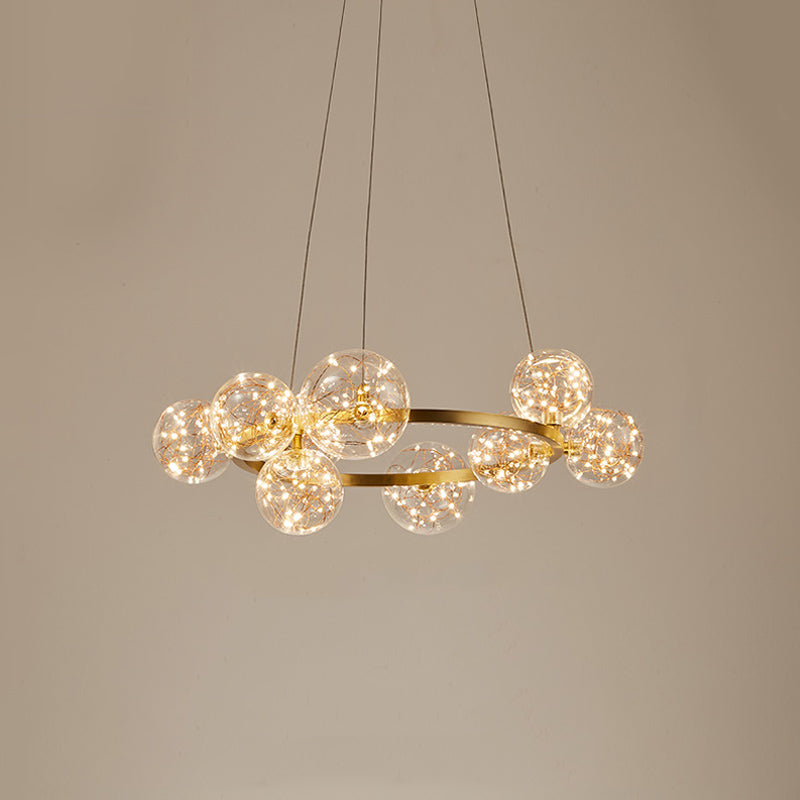 Globe Living Room LED Chandelier Light - Contemporary Clear Glass with Gold Halo Ring