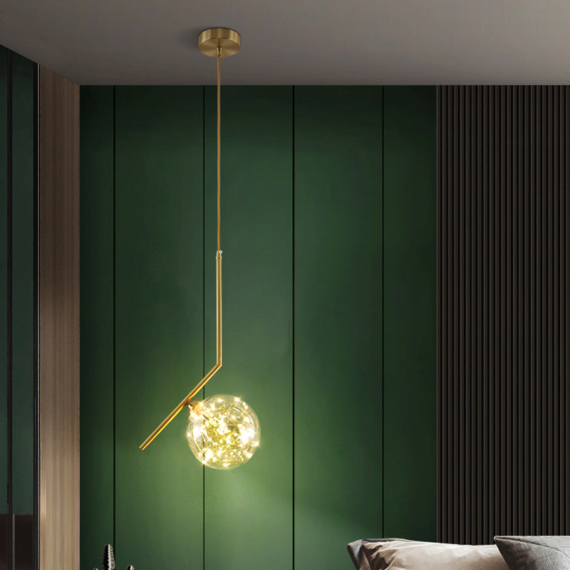 Modern Globe Glass Pendant Light for Bedroom, LED Hanging Ceiling Fixture in Brass