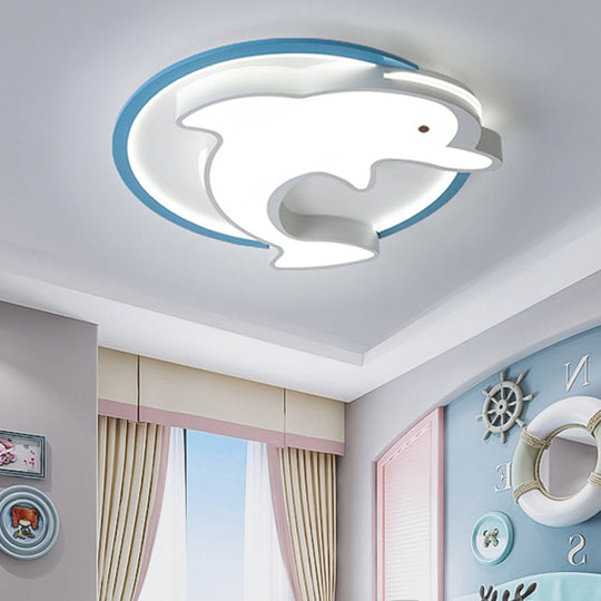 Kids LED Blue Dolphin Ceiling Light Fixture with Warm/White Light, Acrylic Shade, Flush Mount, 18"/23.5" W