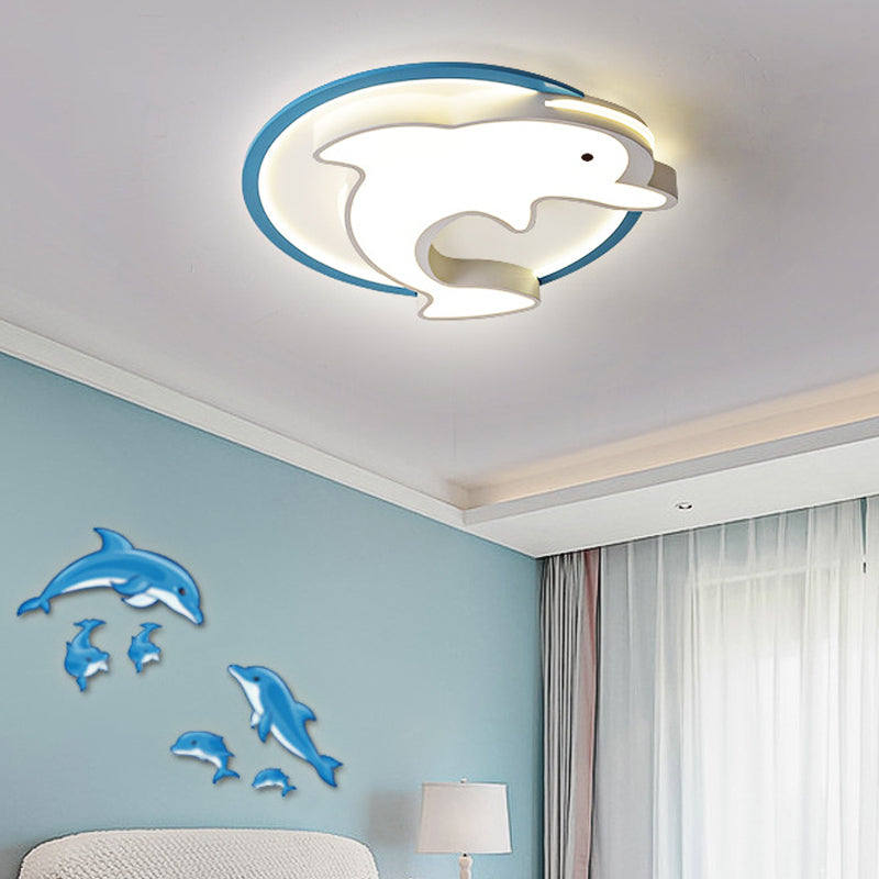 Kids LED Blue Dolphin Ceiling Light Fixture with Warm/White Light, Acrylic Shade, Flush Mount, 18"/23.5" W