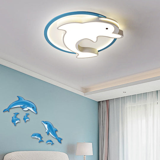 Kids LED Blue Dolphin Ceiling Light Fixture with Warm/White Light, Acrylic Shade, Flush Mount, 18"/23.5" W