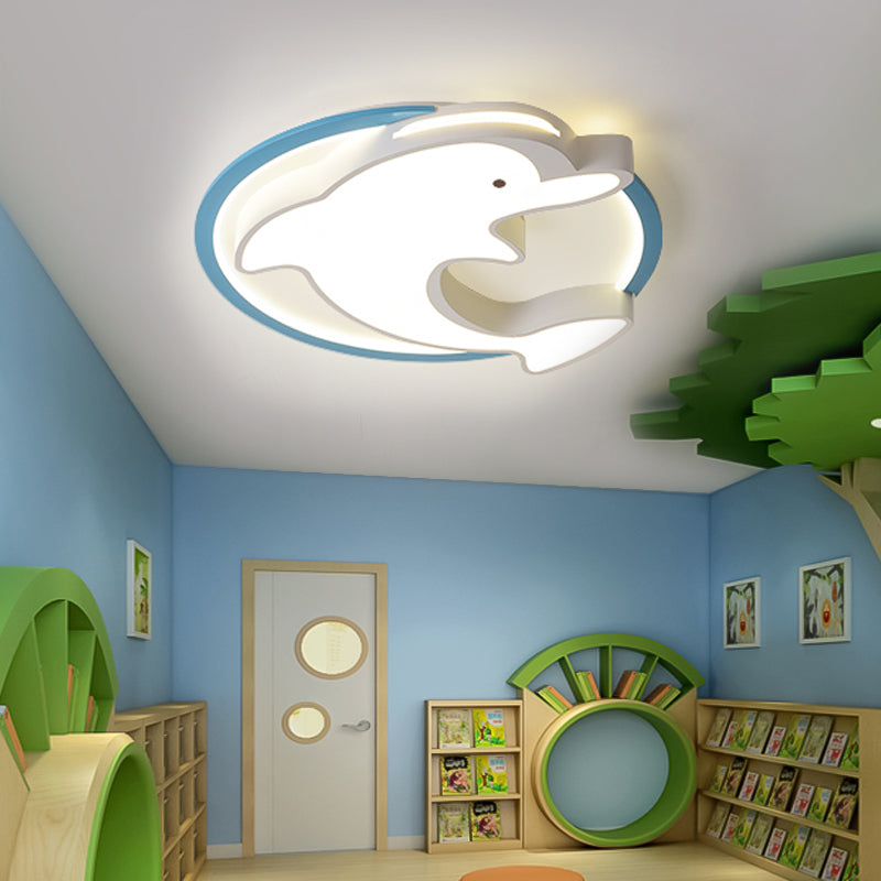 Kids LED Blue Dolphin Ceiling Light Fixture with Warm/White Light, Acrylic Shade, Flush Mount, 18"/23.5" W