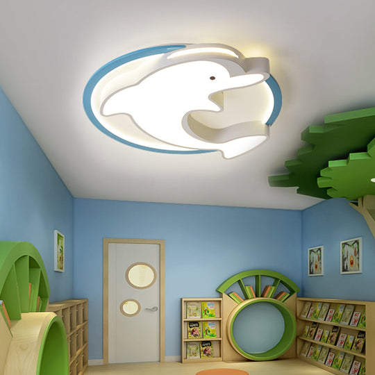 Kids LED Blue Dolphin Ceiling Light Fixture with Warm/White Light, Acrylic Shade, Flush Mount, 18"/23.5" W