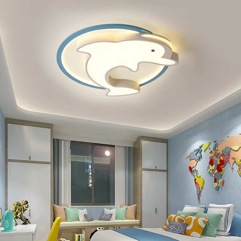 Kids LED Blue Dolphin Ceiling Light Fixture with Warm/White Light, Acrylic Shade, Flush Mount, 18"/23.5" W