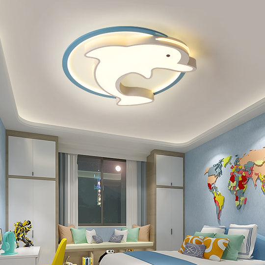 Kids LED Blue Dolphin Ceiling Light Fixture with Warm/White Light, Acrylic Shade, Flush Mount, 18"/23.5" W