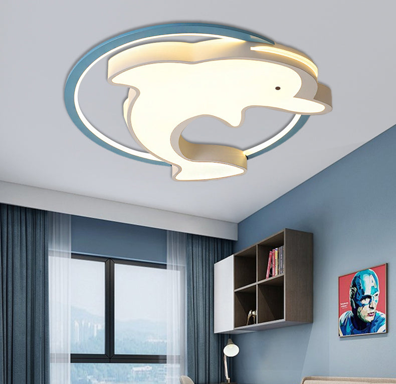 Kids LED Blue Dolphin Ceiling Light Fixture with Warm/White Light, Acrylic Shade, Flush Mount, 18"/23.5" W