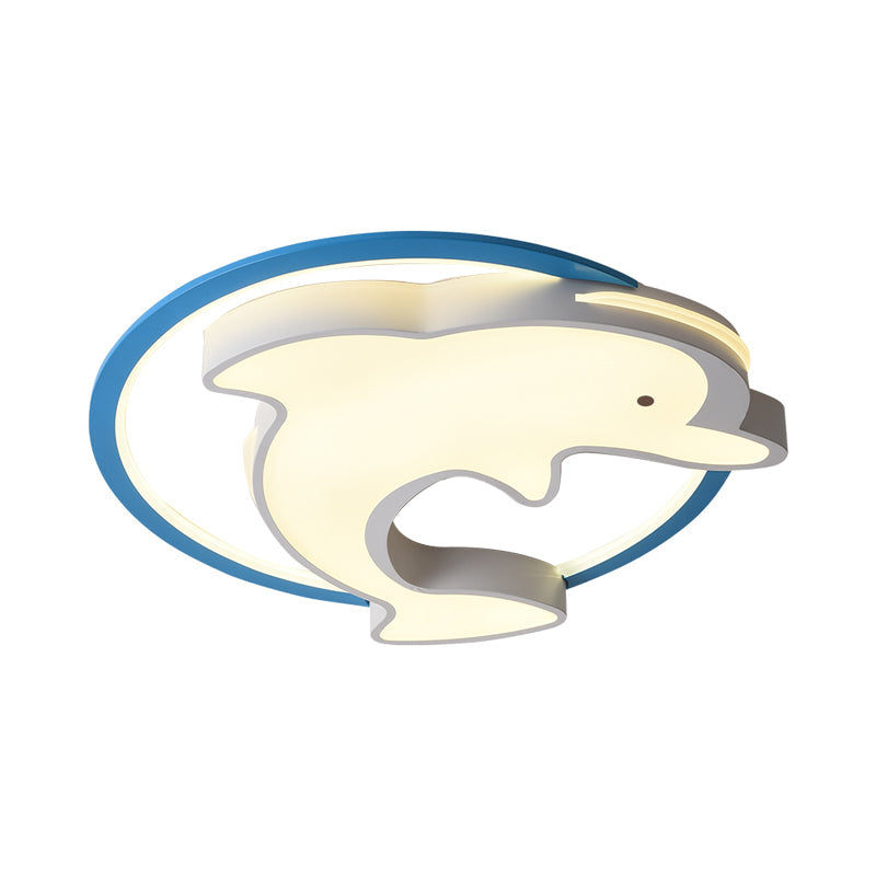 Kids LED Blue Dolphin Ceiling Light Fixture with Warm/White Light, Acrylic Shade, Flush Mount, 18"/23.5" W