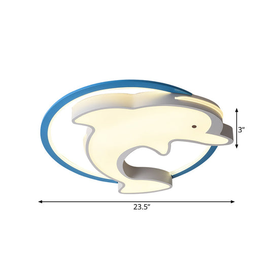 Kids LED Blue Dolphin Ceiling Light Fixture with Warm/White Light, Acrylic Shade, Flush Mount, 18"/23.5" W