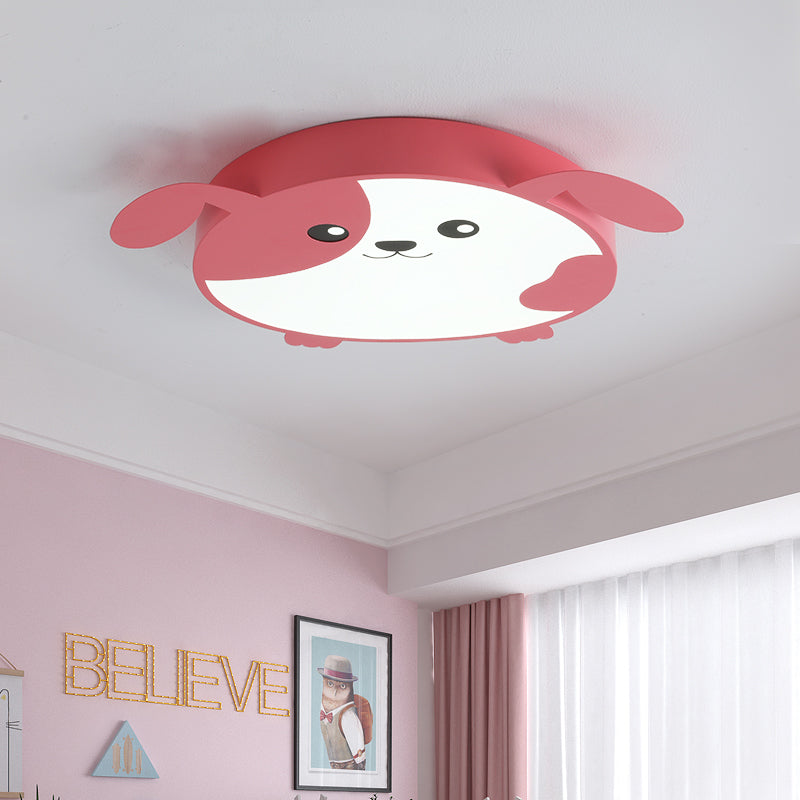 Doggie-themed LED Flush Mount Ceiling Light for Kids' Bedrooms in Pink/Green with Warm/White Light