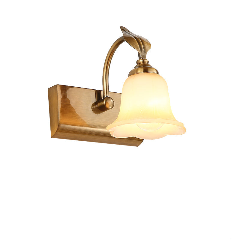 Traditional Brass Flared Bedroom Sconce with Gooseneck Arm - Frosted Glass Vanity Light (1/2/3 Lights)