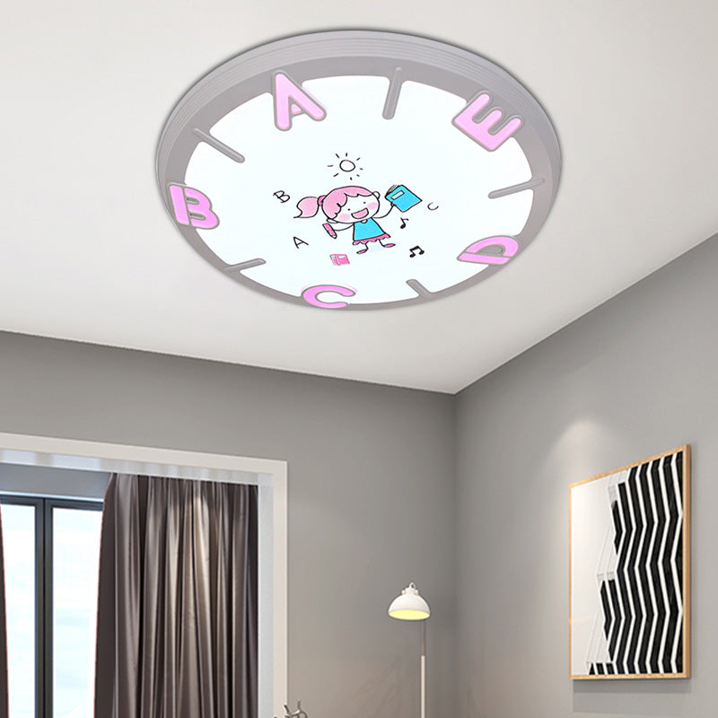 Kids LED Flush Ceiling Light with Letter Pattern in Blue/Pink - Round Shade Plastic Pendant, Ideal for Bedrooms