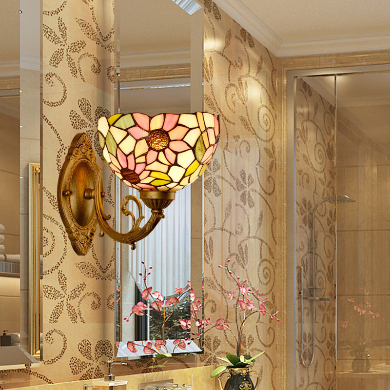 Tiffany Stained Glass Sunflower Wall Light with Gold Mount and Bowl Shade